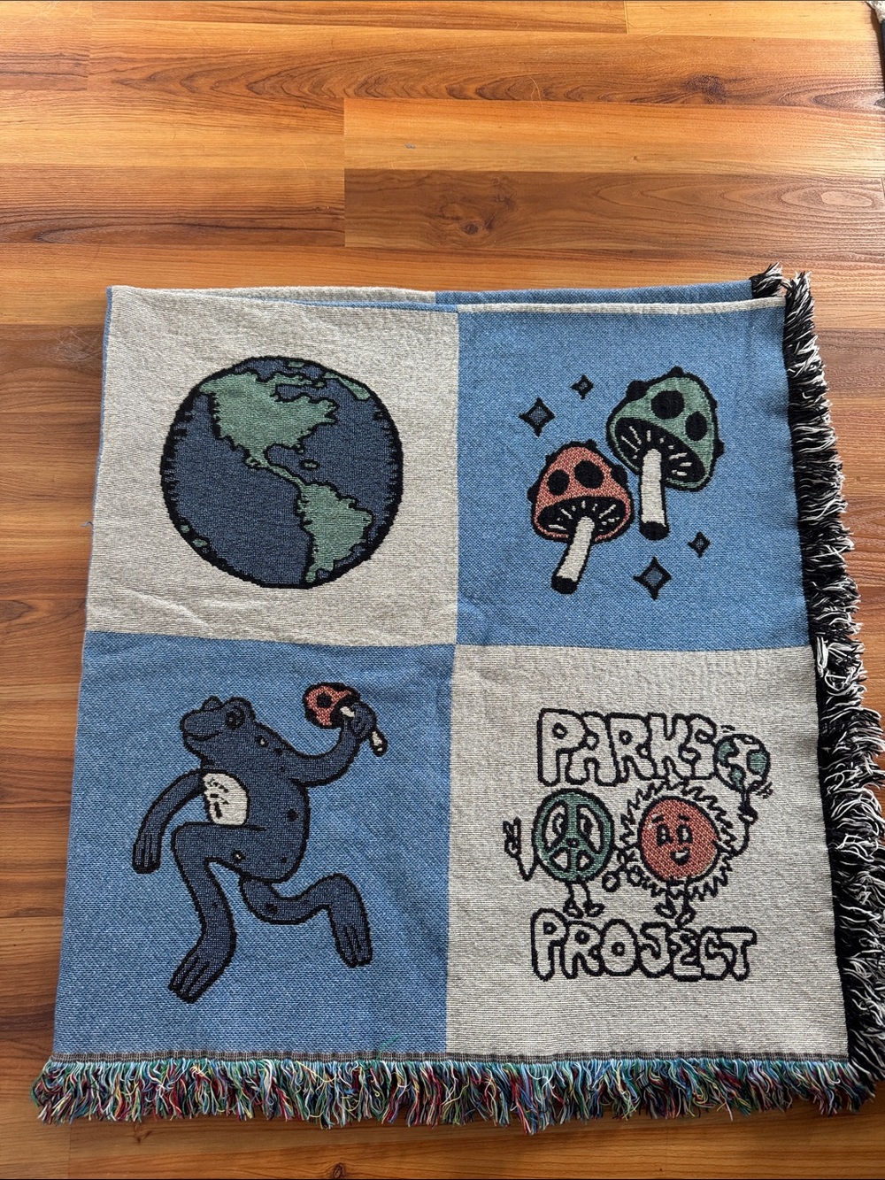 Parks Project Blue & Gray Graphic Fringe Blanket with Earth, Mushrooms, Frog